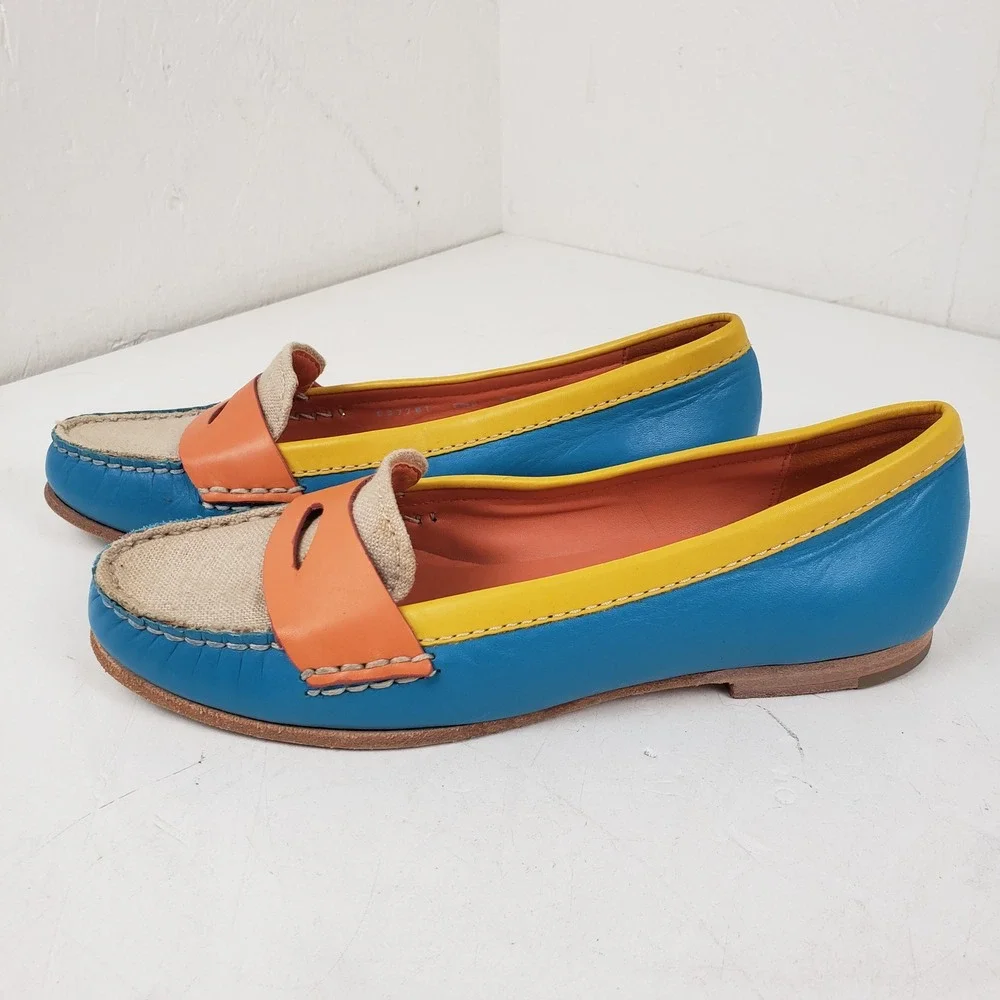 Cole Haan Womens Colorblock Leather Penny Loafers Blue Yellow Orange D37781 6.5B